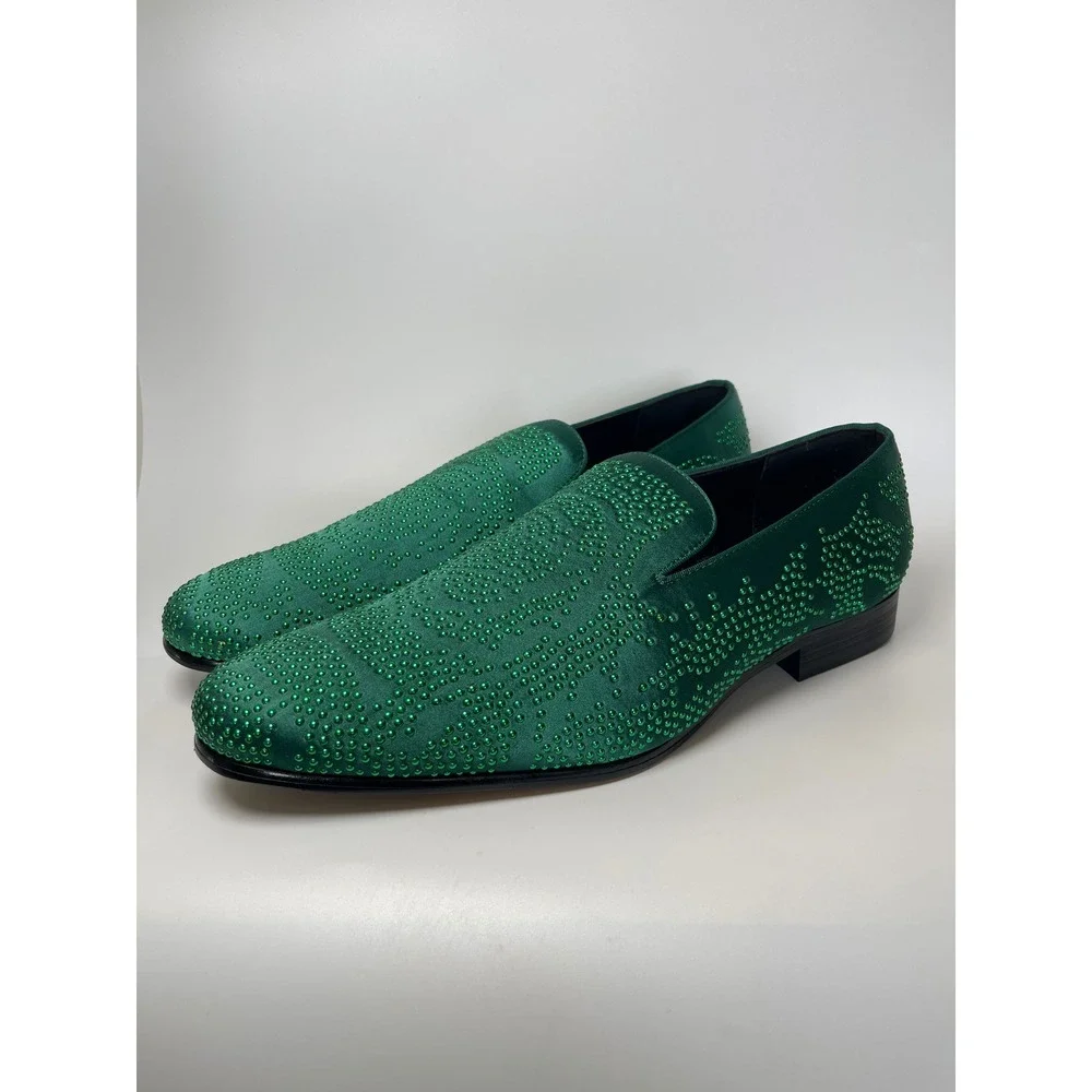 La Milano Mens Emerald Green Satin Rhinestone Studded Loafers Slip On Shoes 14